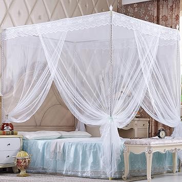 4 Corners Princess Bed Curtain Canopy Canopies for Girls Boys Adults Bed Gift Queen, White