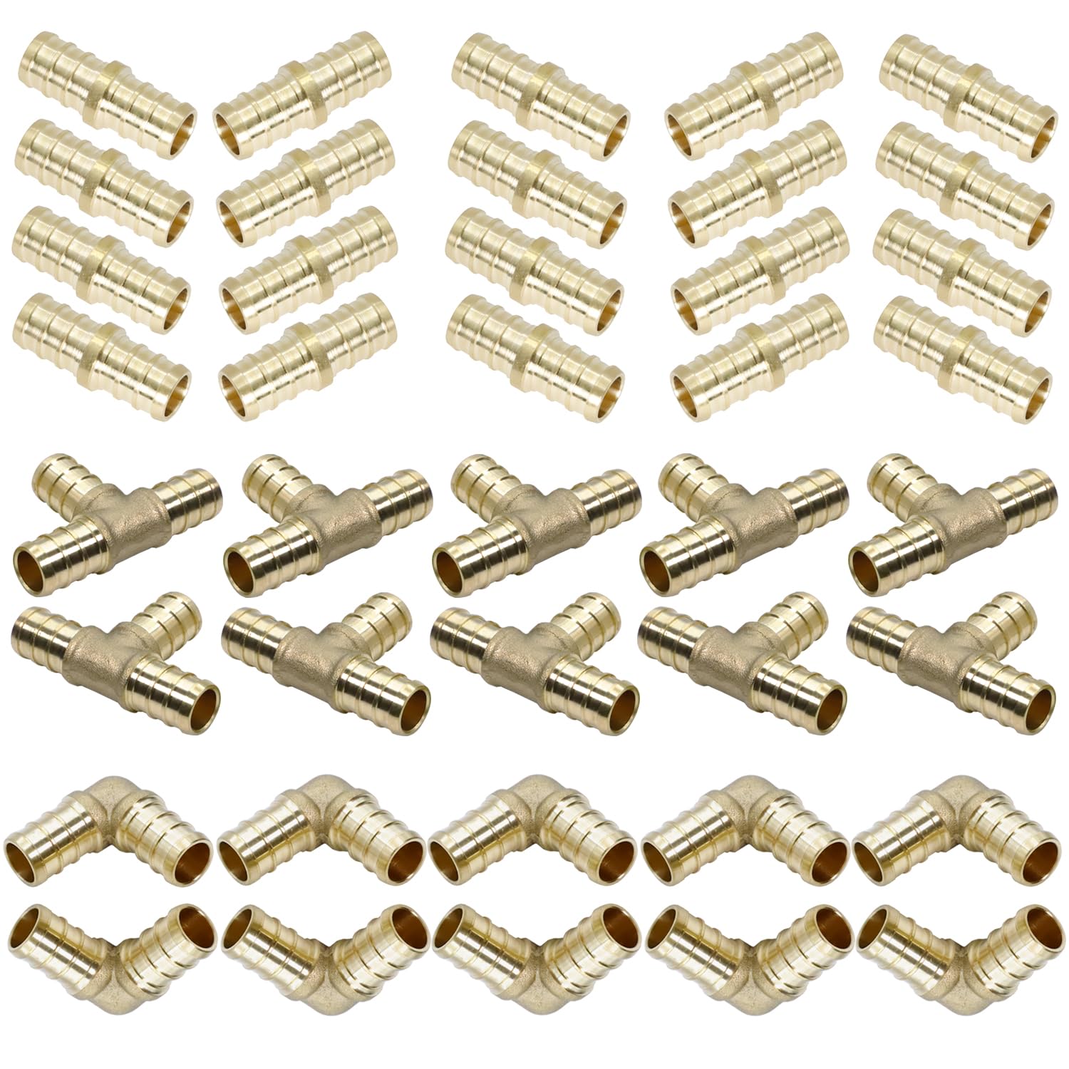 PEX Fittings - Paquete de 40 accesorios de 1/2 pulgada, 20 acopladores rectos, 10 codos de 90 grados y 10 piezas de crimpado en T, combo de accesorios de crimpado de latón PEX, latón sin plomo para