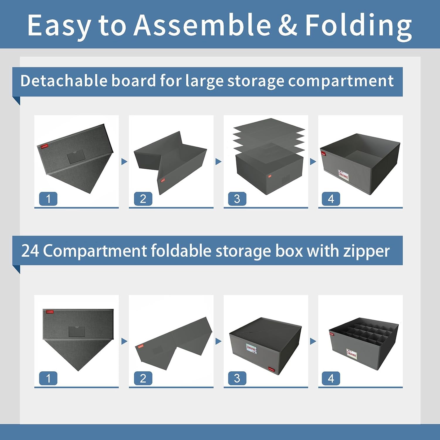 Folding drawer-style storage box designed for organizing clothes, socks, bras, and handkerchiefs, featuring reinforced bottom panels and a signature area (dark gray, 12pcs/set)