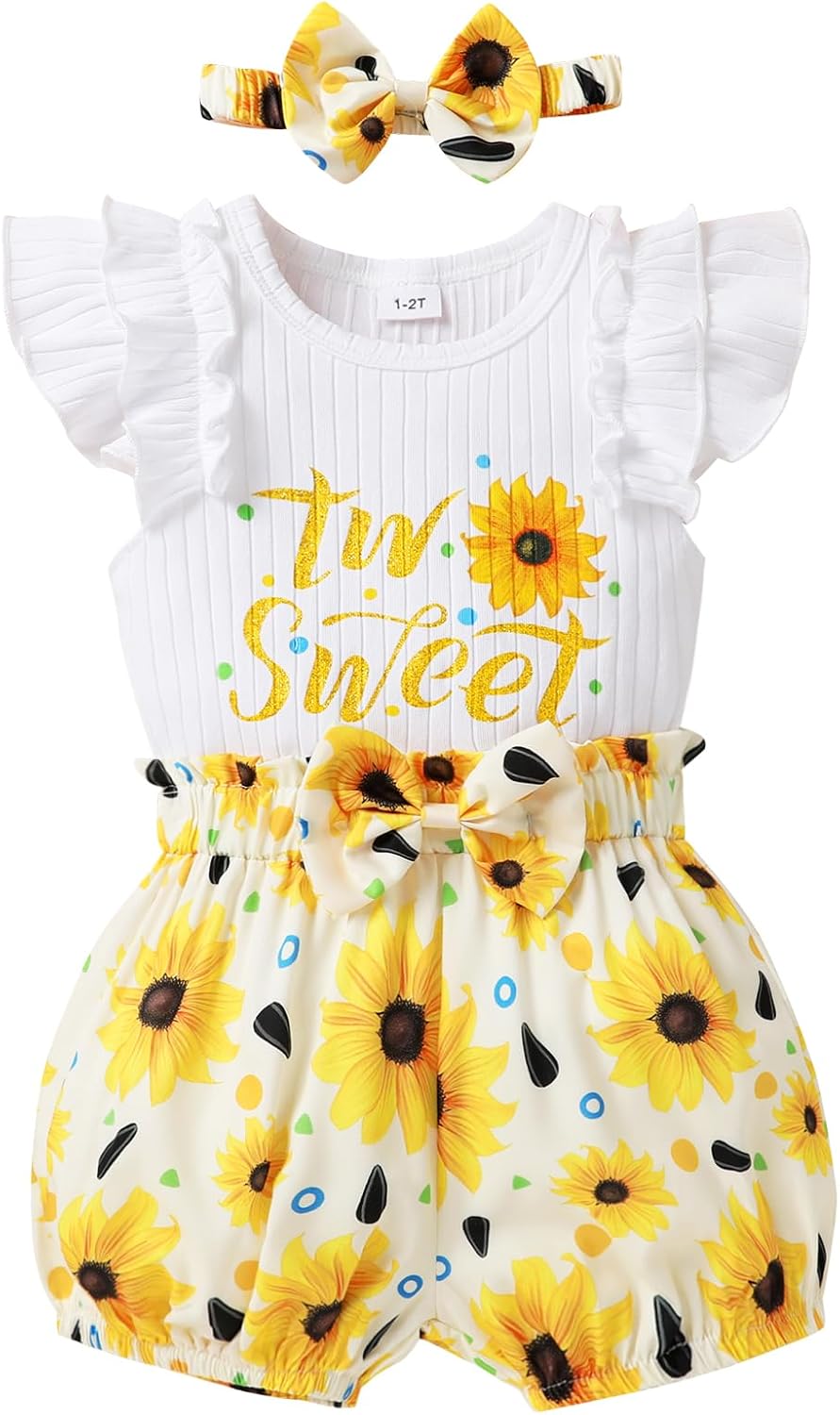 Happy Town Toddler Baby Girl Two Sweet 2nd Birthday Outfits Shorts Set Bowknot 2T Shirts Summer Clothes with Headband