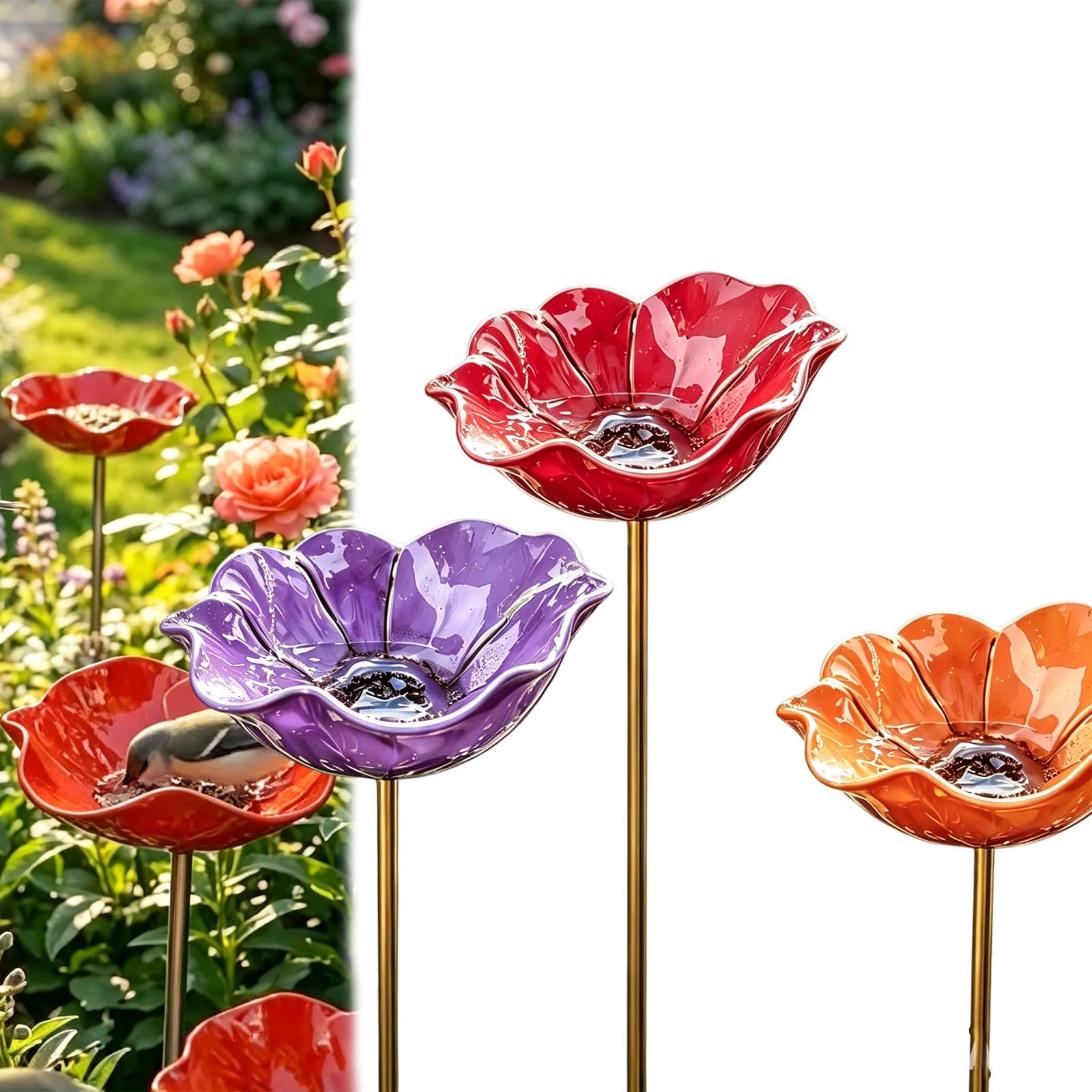 Bee Bath For Garden, Handmade Metal Flower Garden Stake, Rain Catcher Bird Bath Bowls, Colourful Butterfly & Bee Water Feeder, for Yard, Lawn & Patio Decor (Mix-3C)