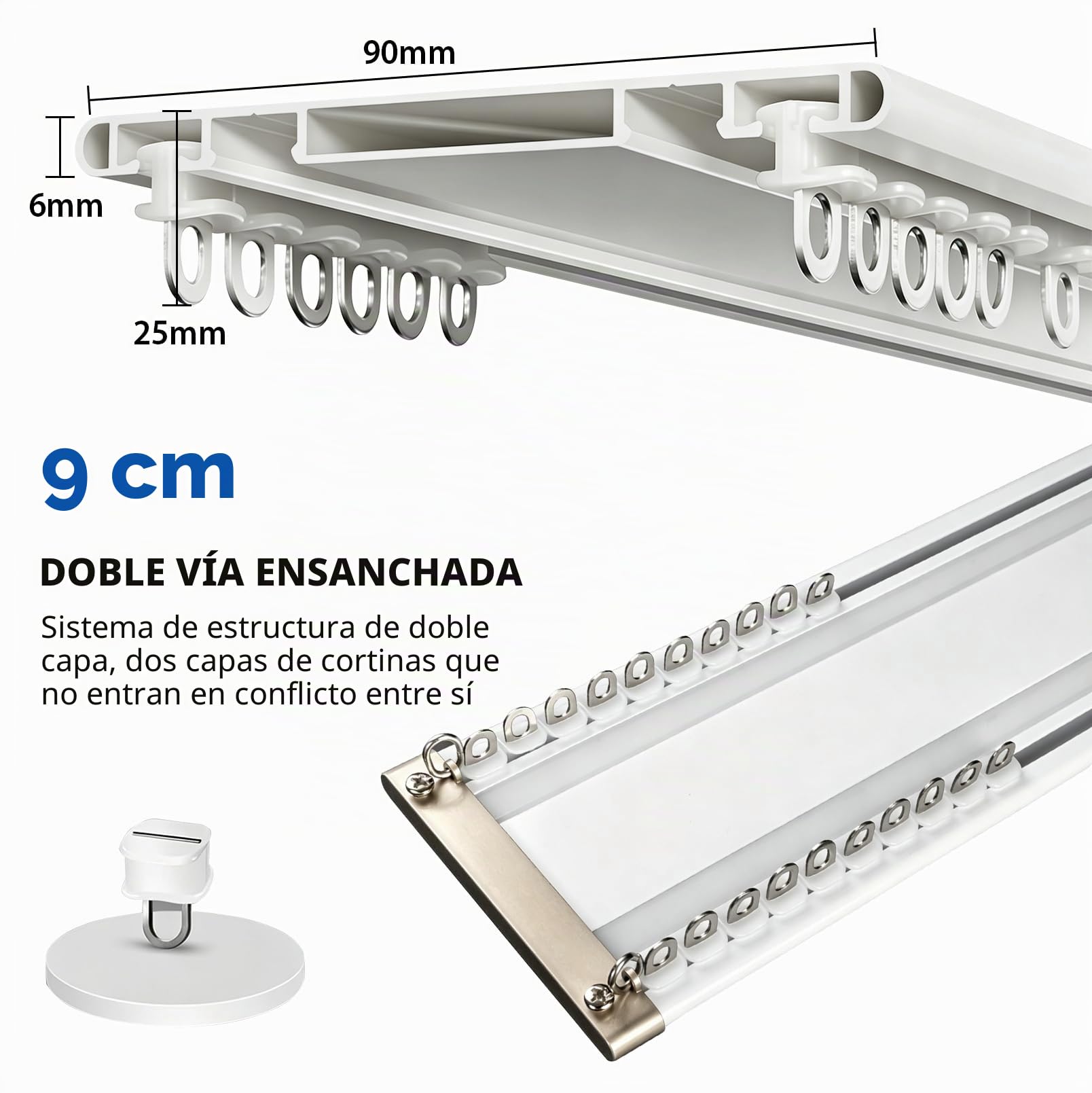 Riel de cortina de 2 vías, 4M, silencioso, de doble fila, de aleación de aluminio, riel de cortina silencioso de doble fila, riel de techo divisor de espacio para sala de estar, dormitorio