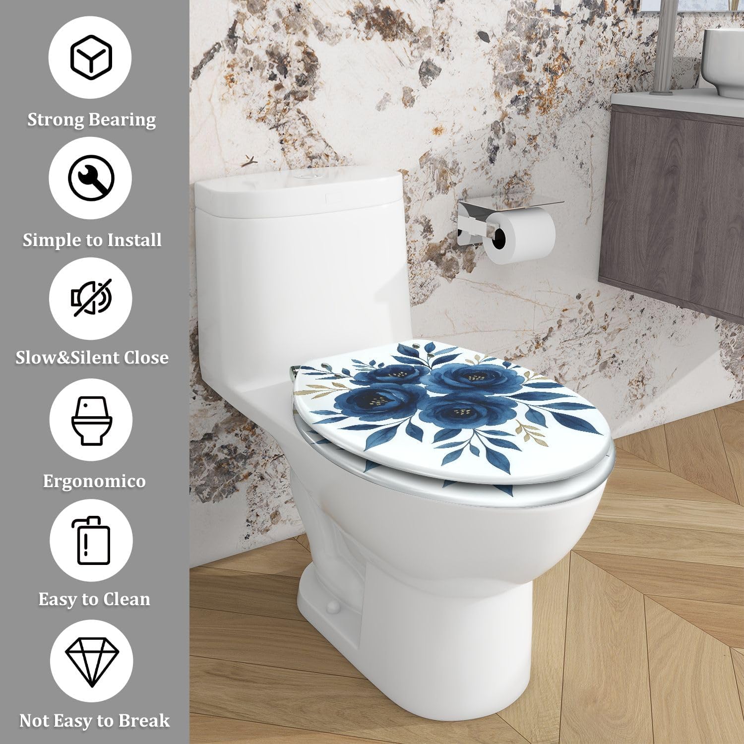 Elongated Toilet Seat Navy blue flowers watercolor floral clip art Bouquet roses perfectly Resin Toilet Seat Quietly Close Quick Release Hinges with Cover Bumpers Decorative Easy to Install Clean