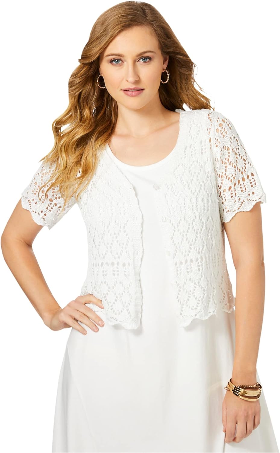 Jessica London Women's Plus Size V-Neck Short Sleeve Open Front Button Up Crochet Shrug