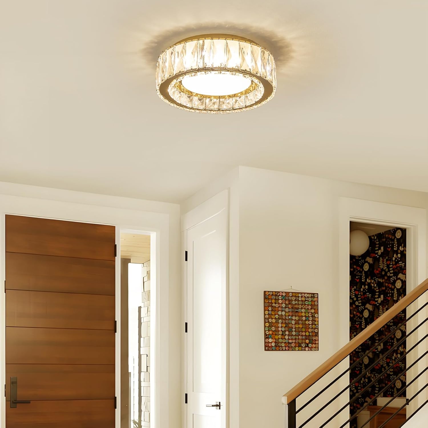 Dimmable Modern Luxury Crystal LED Flush Mount Ceiling Light,11 Inch 24W/5CCT 3000K-6000K Gold Close to Ceiling Light Fixture r for Kitchen,Entryway,Laundry Room,Porch