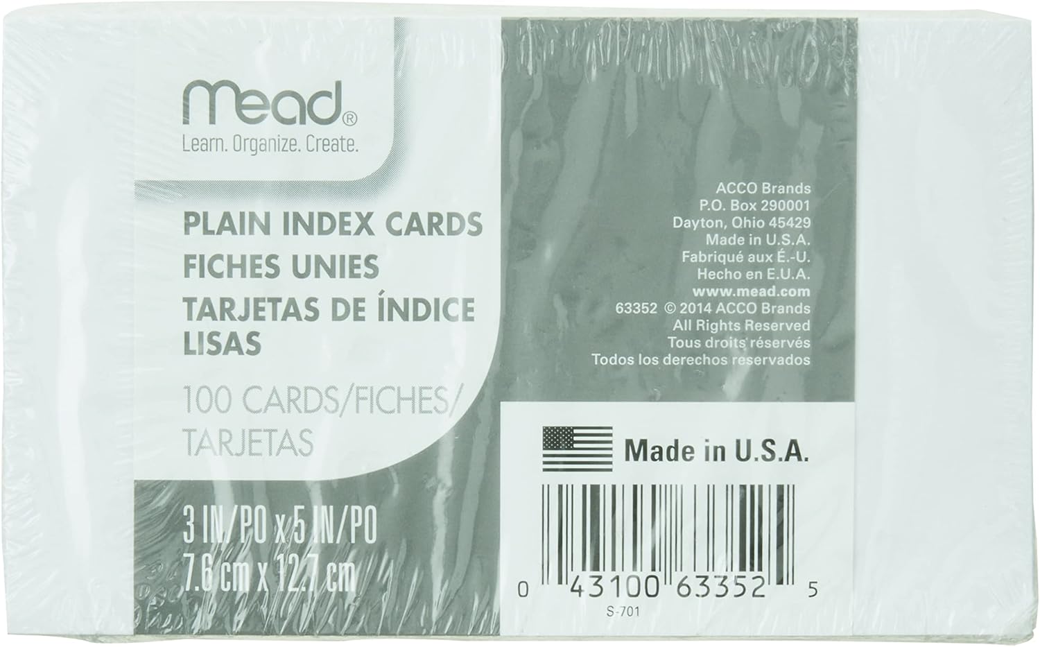 Mead Index Cards, Note Cards, Plain, 100 Count, 3" x 5", White (63352)