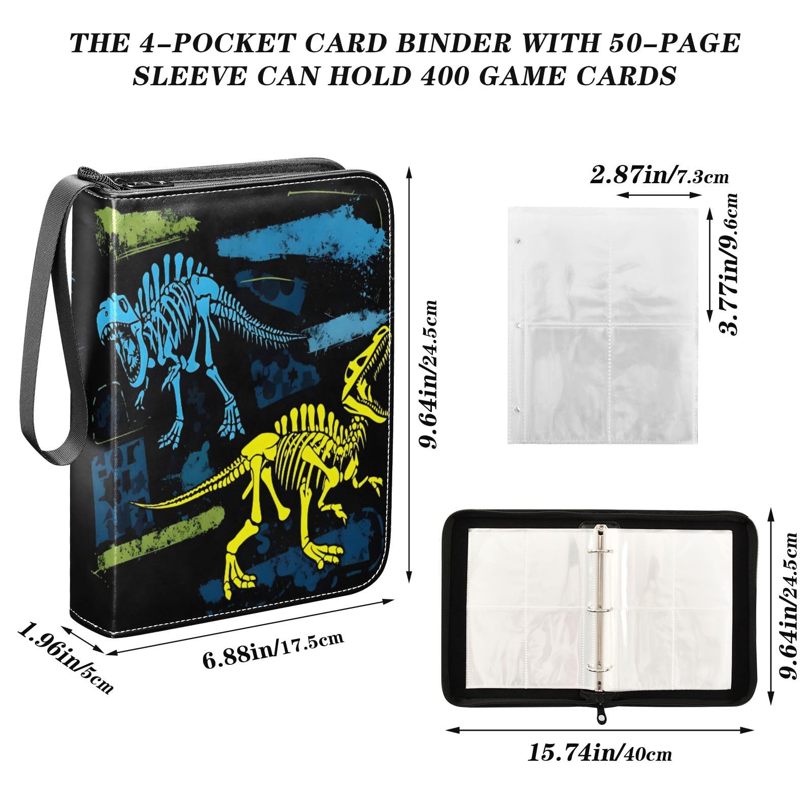 OTVEE Raccoglitore di carte con 4 tasche, porta carte collezionabili per 400 carte con 50 maniche, raccoglitore per collezione di carte, album per carte da baseball, calcio, scheletro di dinosauro