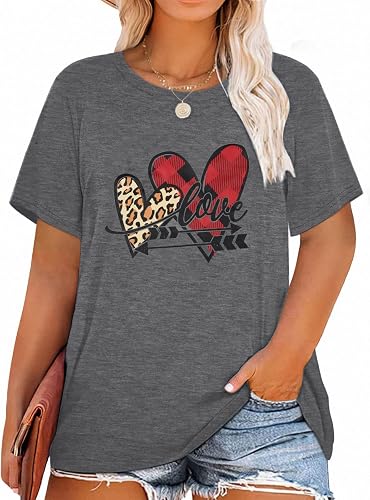 HDLTE Plus Size Valentines Women Tops Love Heart Letter Graphic T-Shirt Short Sl