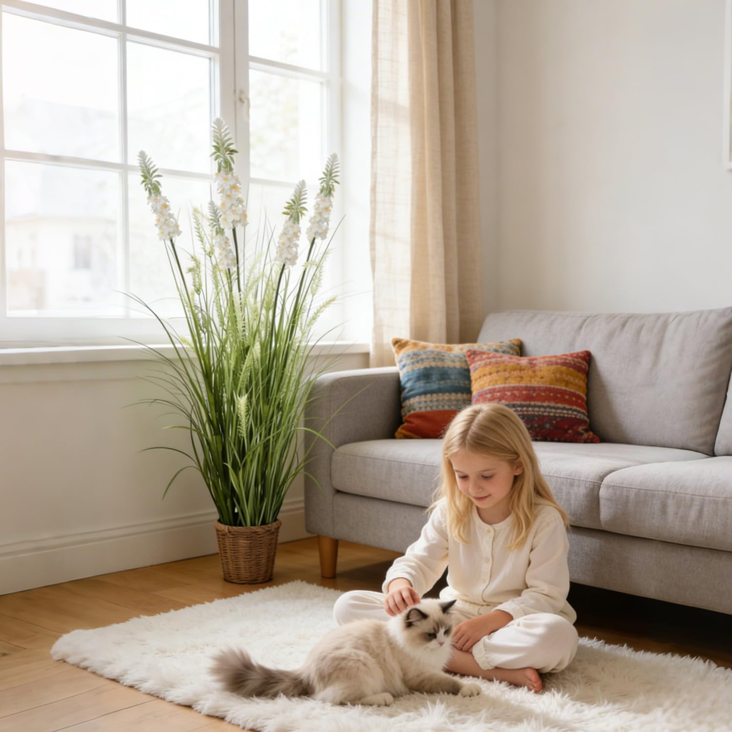 Artificial Grass Plant with White Delphinium Silk Flowers 4ft 2-Pack, Fake Ornamental Onion Grass in Pot, 48in Tall Floor Plants Cattail Grass for Decor, Indoor Decorative Flowers & Plants