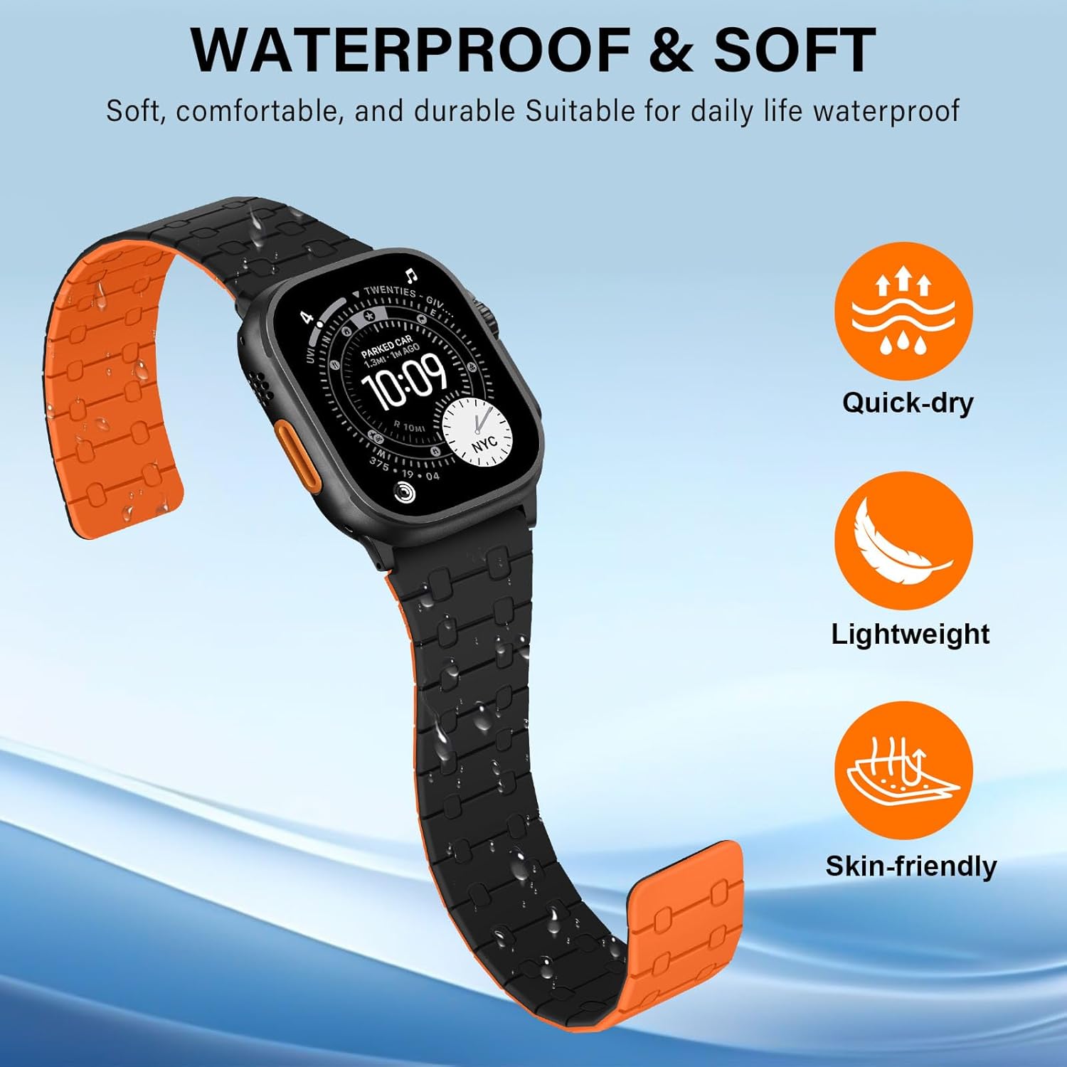 Double Sided Wearable Magnetic Band Compatible with Apple Watch Band 49mm 46mm 45mm 44mm 42mm for Men Women, Soft Silicone Strap for iWatch Ultra SE Series 11 10 9 8 7 6 5 4 3, Black-Orange - Image 5
