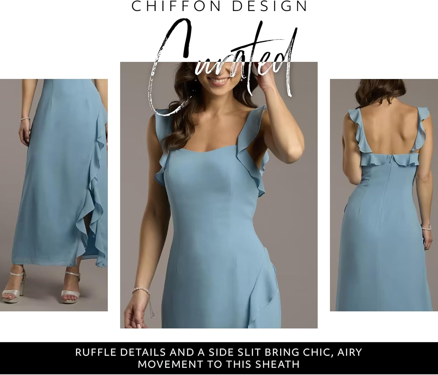 David's Bridal Chiffon Ruffle Sheath Dress, Elegant Cocktail Dress for Wedding Guest and Formal Events