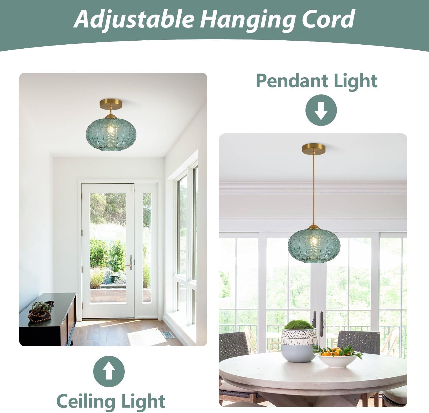 KCO Lighting Green Glass Chandelier Vintage Gold Pendant Light Large Green Ribbed Ceiling Light Antique Brass Hanging Light Mid Century Modern Pendant Lights Kitchen Island