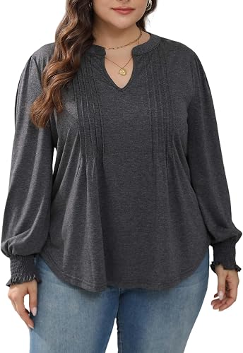 HBEYYTO Womens Plus Size Long Sleeve Tops V Neck Pleated Front Loose Fit T Shirt
