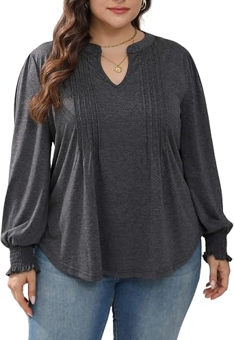 Womens Plus Size Long Sleeve Tunic Tops V Neck Pleated Front Puff Sleeve Loose Fit T Shirts Casual Fall Work Blouses