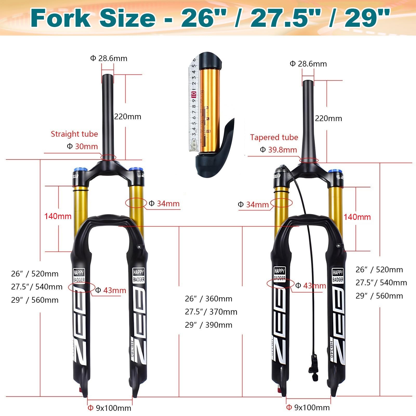 Widelec do roweru górskiego, 26, 27,5, 29 cali, 140 mm, przednie, 34 mm, wewnętrzna rura, zawieszenie pneumatyczne do AM, XC, MTB, Downhill Cycling