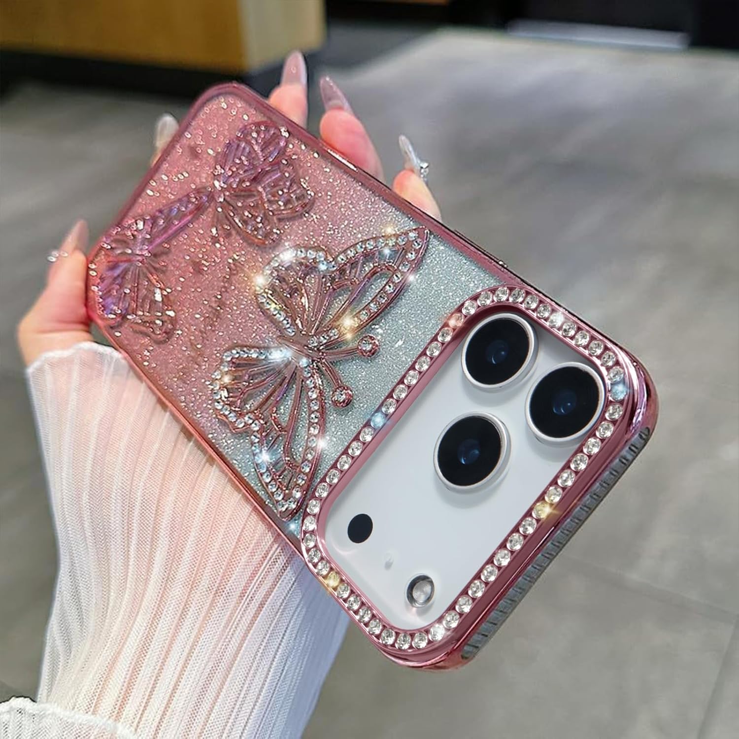 Fycyko Compatible for iPhone 17 Pro Case with Luxury Glitter Plating Cute Butterfly Rhinestone Sparkly Design Aesthetic Women Girls Shiny Bling Camera Protective Cover-Pink - Image 3