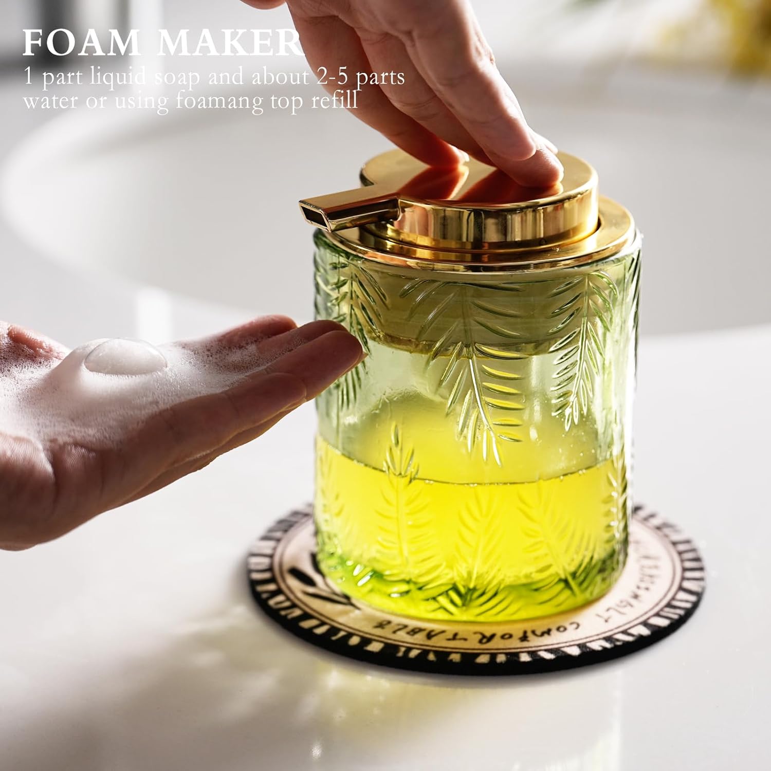 Glass Foaming Dispenser - Refillable Lotion or Soap Dispenser for Kitchen & Bathroom, Large Gold Pump (Leaf Pattern - Green) Green Foam/Leaf Pattern