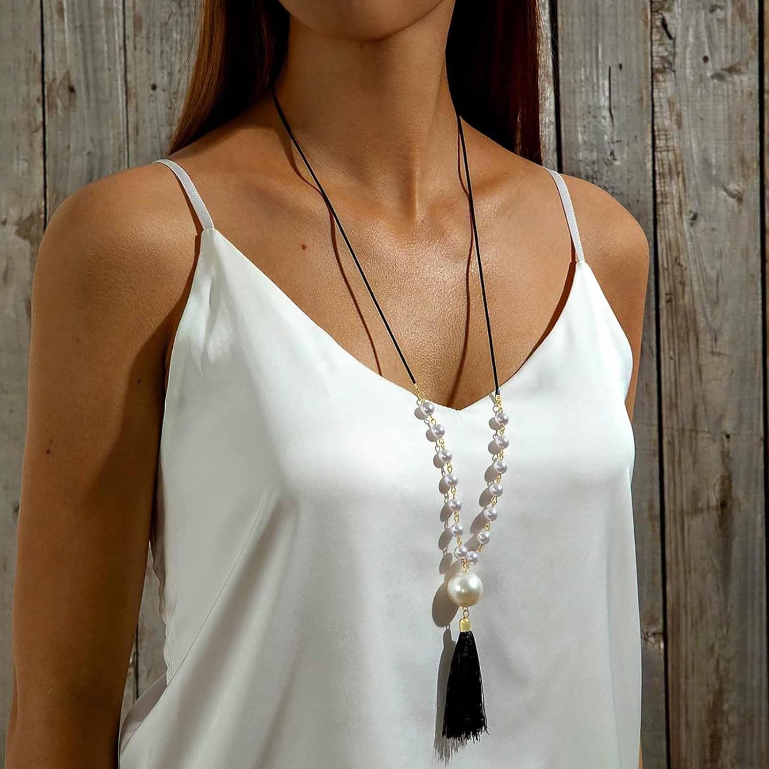 Bohemia Long Tassel Chain Sweater Necklace Large Pearl Leather Pendant Necklace Black Fringe Y Drop Necklaces Adjustable Pearl Beads Necklaces Chain Jewelry for Women - Image 2