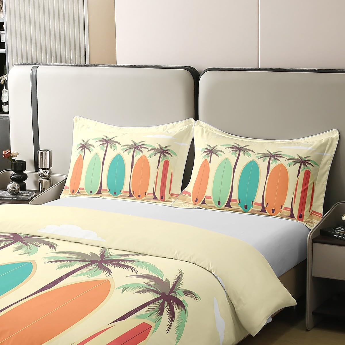 Erosebridal Vintage Surfboard Duvet Cover 100% Natural Cotton for Teens,Tropical Palm Trees Comforter Cover,Colorful Surfboard Bedding Set,Marine Theme Nautical Sea Surfing Quilt Cover 3pcs