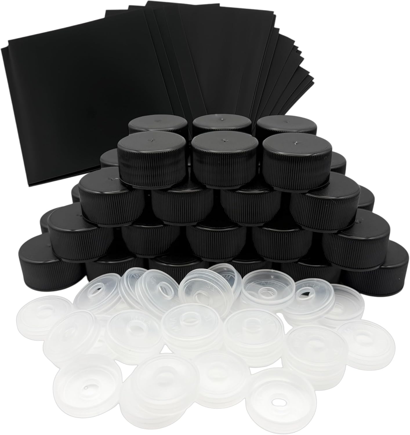 Black Screw Caps 24-414, Foam Lined Plastic Bottle Caps Orifice Reducers Fitment & Shrink Bands for 5 oz & 10 oz Woozy Bottles, Leak Proof, Made in USA (250)