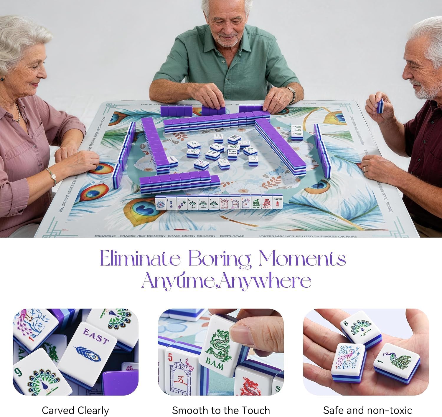 Peacock American Mahjong Set, 160 Innovative Unique Design Mahjong Tiles,Colorful 4-Layer Acrylic Carved Travel Mahjong Set