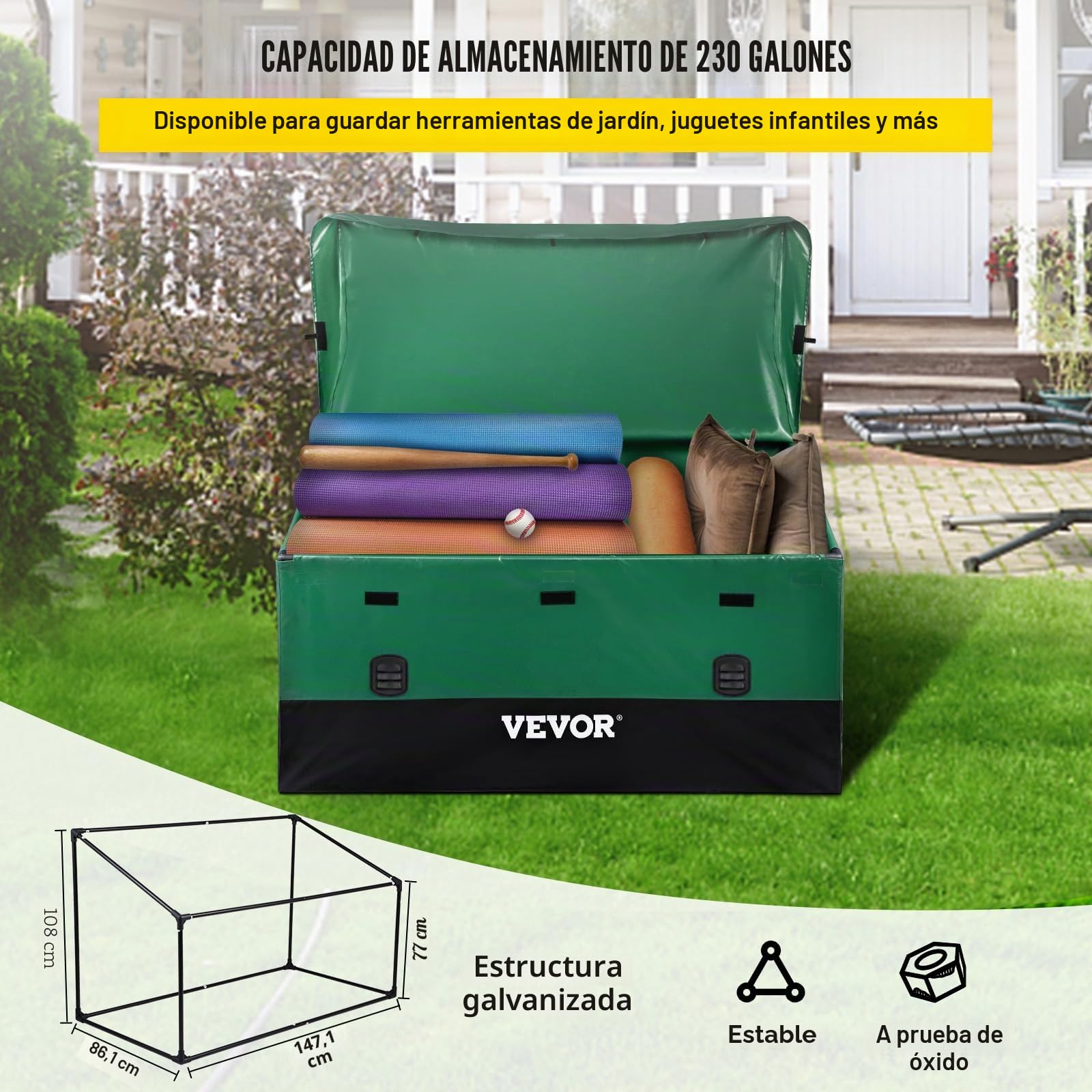 VEVOR Caja de Almacenamiento para Exteriores 230 Galones Arcón de Almacenaje para Jardín Tela Lona de PE Baúl de Almacenamiento Portátil 147 x 86 x 108 x 77 cm para Piscina Patio Jardín Garaje Verde
