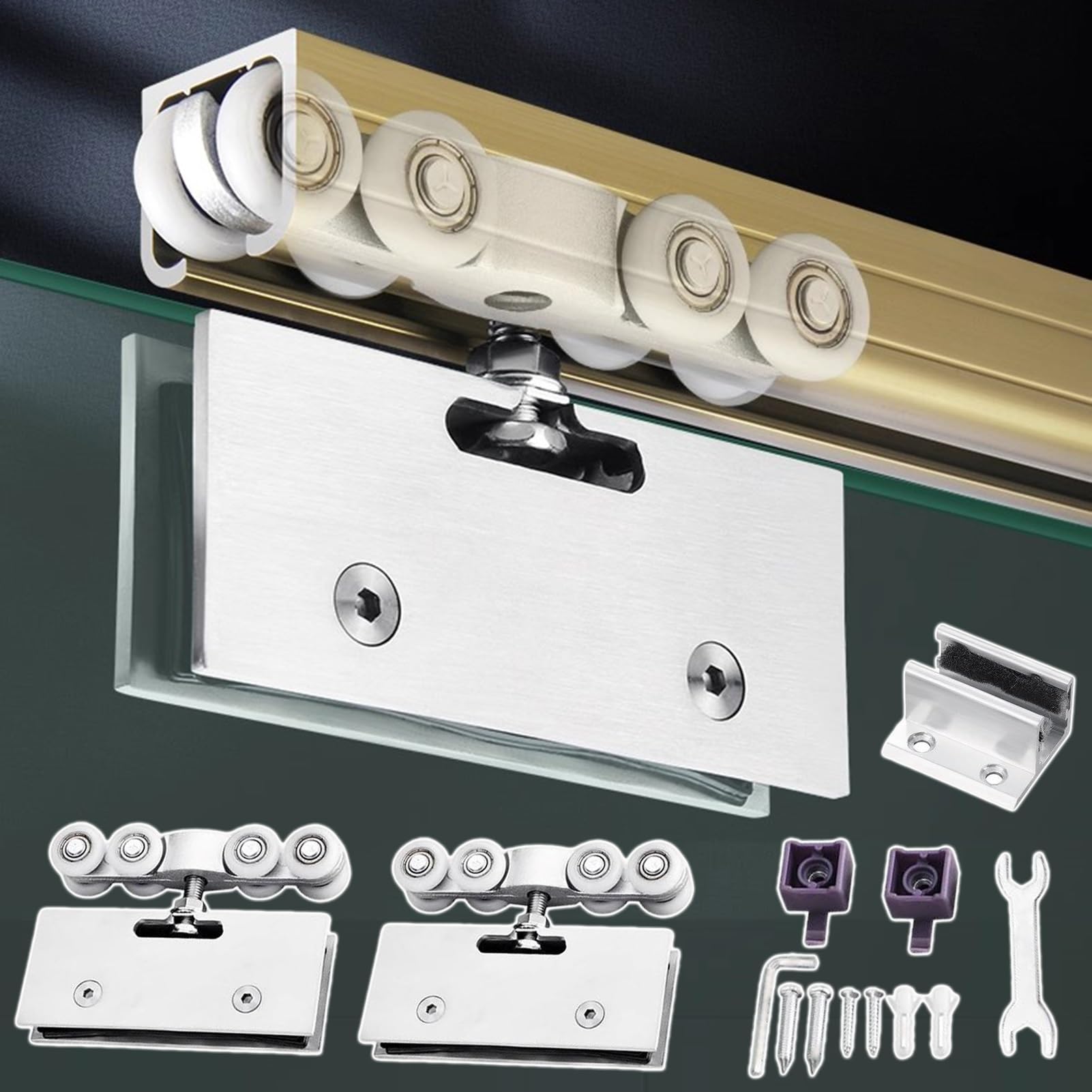 YDHSIKK Glass Sliding Door Track, Glass Sliding Door Hardware Kit Stainless Steel Roller Multicolor 50-400cm 154lbs Load(Champagne,260cm/102.4in)