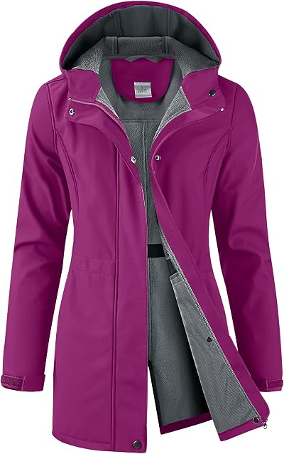 iCreek Women's Softshell Rain Jacket Fleece Lined Hood Waterproof Long Coat