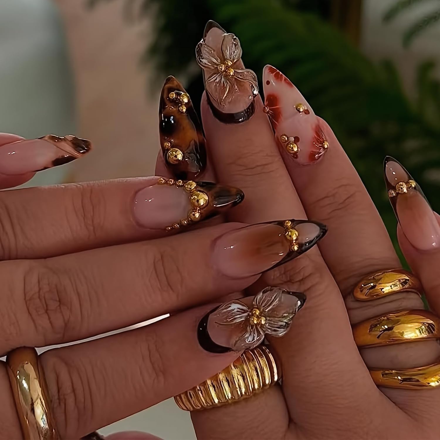 Press on Nails Medium Almond with 3D Brown Gold Flower, Leopard French Tip Fake Nails Press ons Blossom Gradient Design, Spring Summer Handmade Acrylic Fake Nail Press ons Manicure DIY, 24pcs