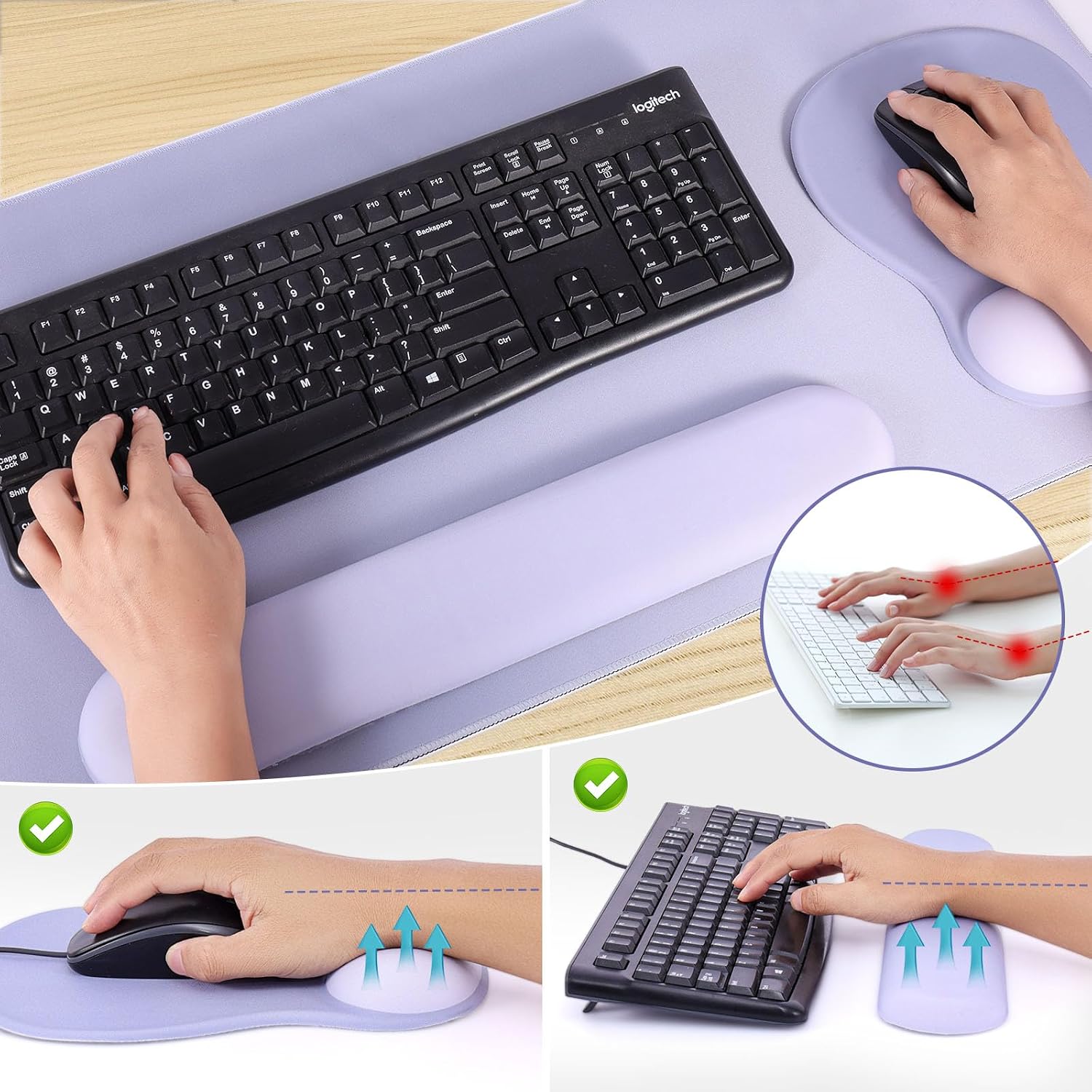 Boutilon Mouse Pad Set,Desk Writing Pad with Wrist Rest, Ergonomic Wrist Support Mouse Pad, Keyboard Wrist Rest, Cup Coaster for Gaming Working Home Office (Dark Purple)