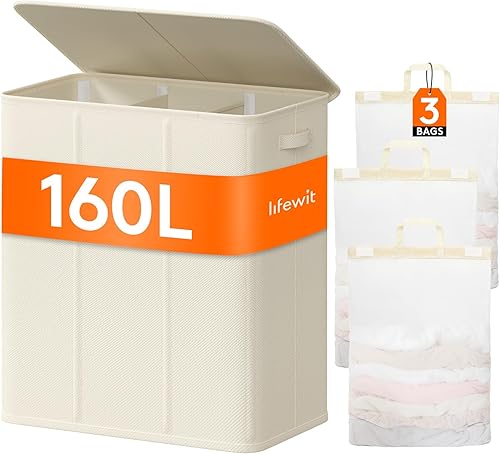 Miniatura 23 de Lifewit Cesta de lavandería con tapa y bolsa de lavandería extraíble, grande, plegable, 1 divisor, cesta de ropa sucia con asas para dormitorio