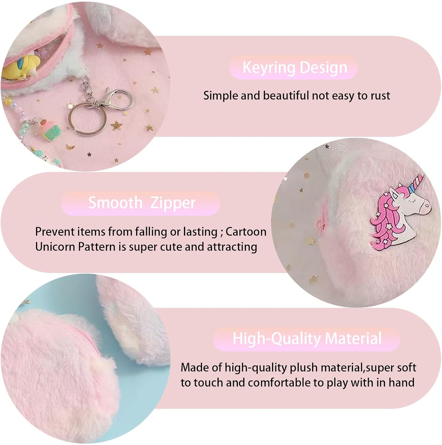 4-Pack Unicorn Party Favor Coin Purse Keychain Cute Plush Change Purse with Zipper Keychain Kawaii Coin Pouch for Girls Kids (Plush-4pack)
