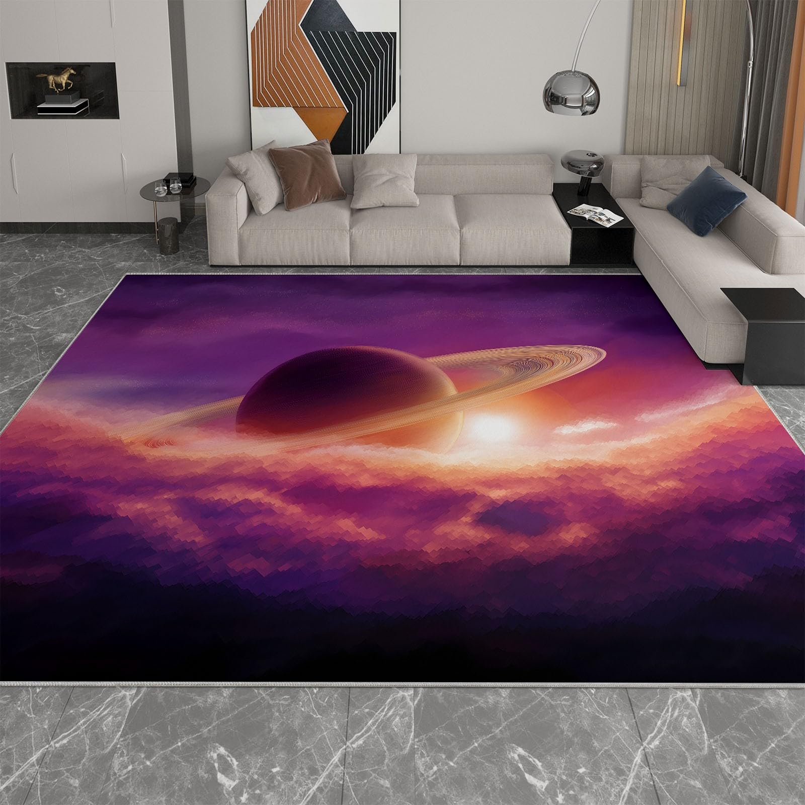 Fioletowy dywan nadający się do prania, 140 x 200 cm, dywan z nadrukowanym wzorem, bajeczny Galaxy Saturn, antypoślizgowy spód do salonu i sypialni