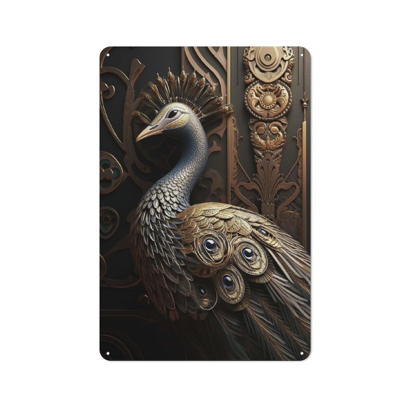 Junmoney Style-14 Metal Sign 30X20cm With King Golden Peacock For Workshop Wall, Vintage Decor, For Vintage Wall Decor Fans, For Metal Sign Collectors