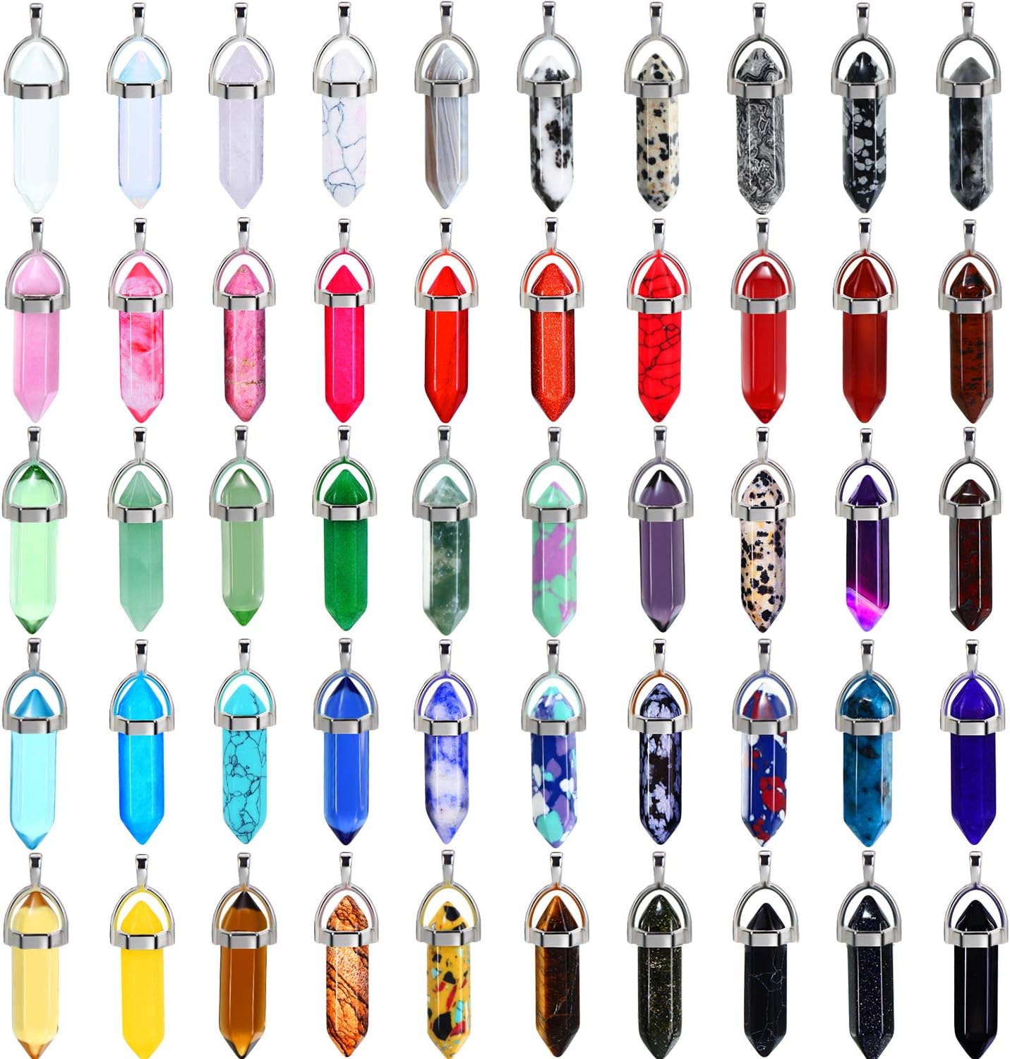 Hicarer 50 Pieces Mixed Stone Beads Crystal Stone Pendants Quartz Charms with Storage Bag for Jewelry Making