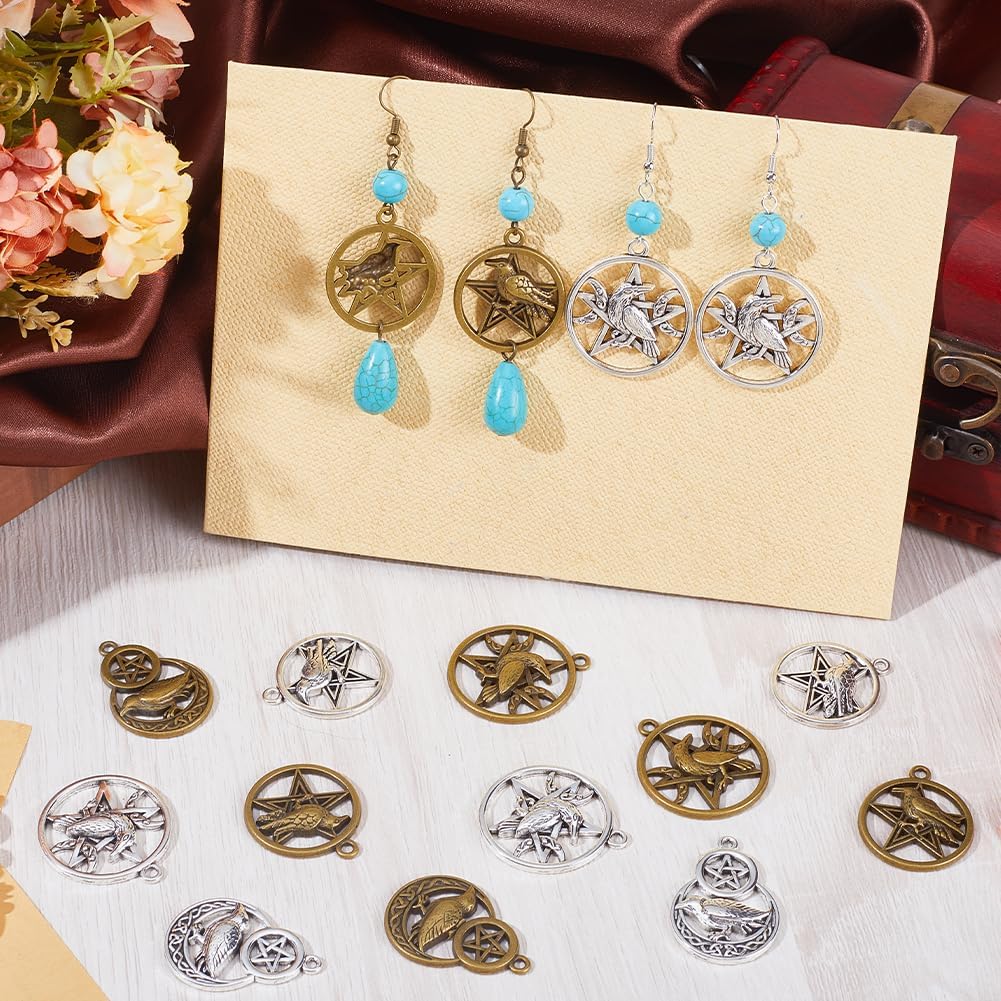 SUNNYCLUE 1 BOX 24PCS Pentagram Charms Bulk Pentacle Charm Magic Star Satanic Halloween Gothic Tetragrammaton Alloy Sliver Crow Raven Charms for Jewelry Making Charms Diy Earrings Necklace Craft