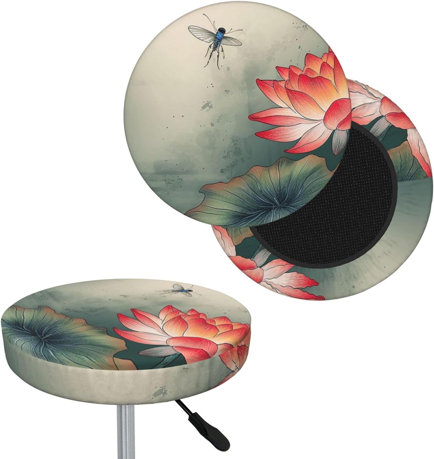 Bar Stool Cover Round Elastic Stool Cushion Covers Lakeside Flower and Dragonfly Bar Chair Cover Washable Stool Cushion Slipcover Stretch Stool Seat Covers for 12-14 Inch Chair