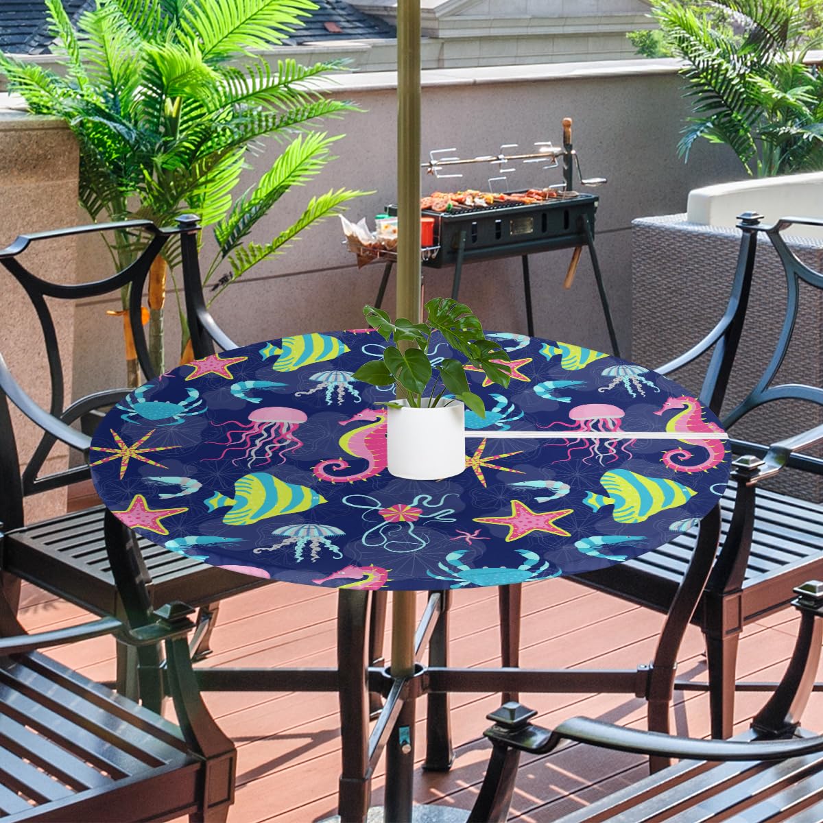 TropicalLife Tovaglia rotonda con motivo tartaruga, adatta per esterni, con foro per ombrello, stampa tartaruga, impermeabile, antimacchia, per sala da pranzo, barbecue, picnic, patio