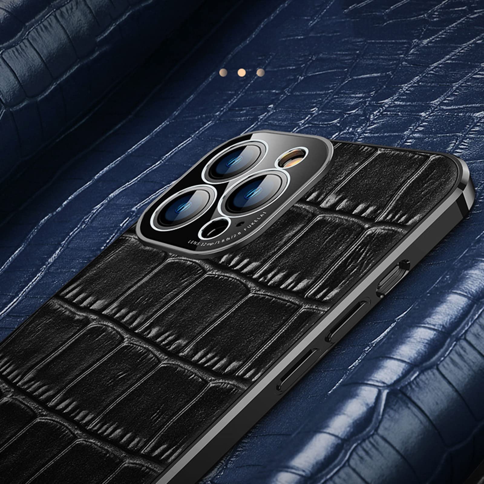 Funda para iPhone 13 Pro Max/13 Pro/13/13 Mini, Clásico Cocodrilo Patrón Ultra Fino Carcasa de Cuero Genuino con Protector de la Cámara,Azul,13 6.1"