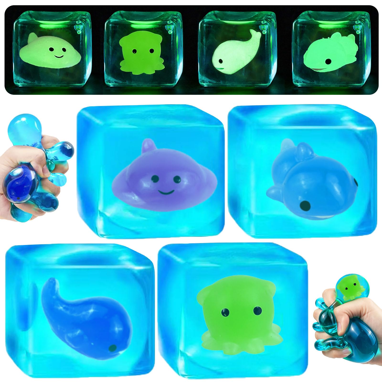 4 Pack Squishy Fidget Squeeze Toys, Adult Relief Anxiety Stress Balls, Glow in the Dark Cute Sensory Toy, Sea Animal Series Slow Rising Cubes, Kids Anger Management Squish Cube, Birthday Party Gifts