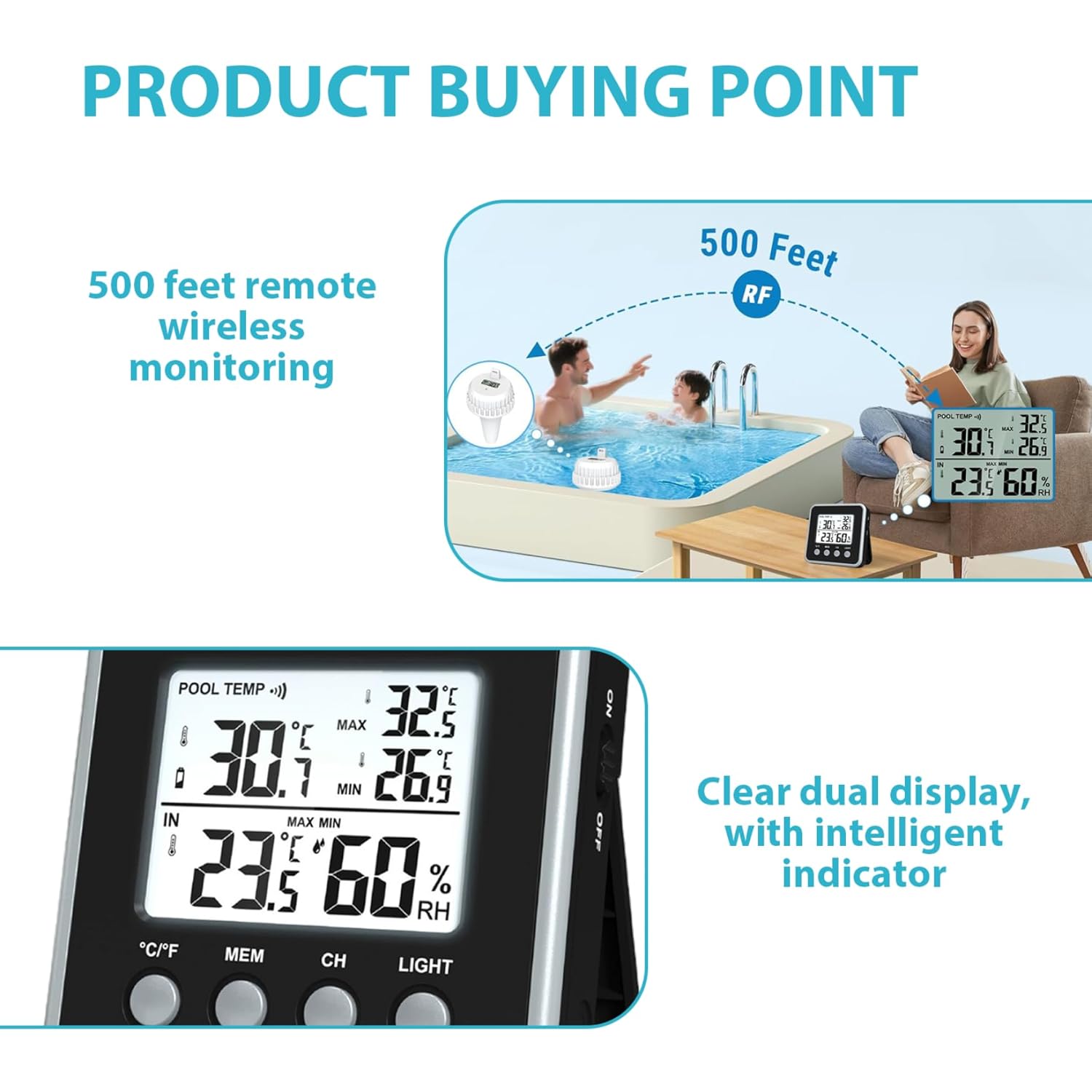 Wireless Pool Thermometer Floating with Indoor Display Pool Thermometer Floating Easy Read with 500 ft Remote Monitor for Hot Tub Spa Aquarium Pond