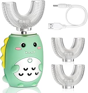 Kids 4inch Electric Toothbrushes U Shaped Ultrasonic Toothbrush Dinosaur Toothbrush Rechargeable Waterproof Toddler Tooth Brush with 2 Brush Heads for Baby 2-12 Years Old, 5 Cleaning Modes (Green)