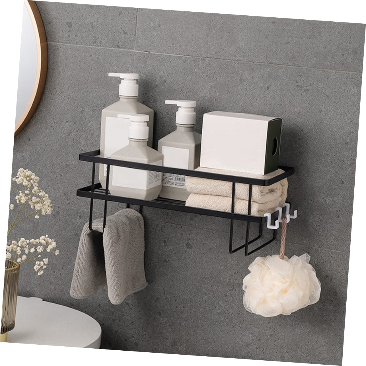 Mensola da Doccia Nera Perforazione Organizer per Facile da Installare Materiale Resistente per Asciugamani e Accessori per Ordinati