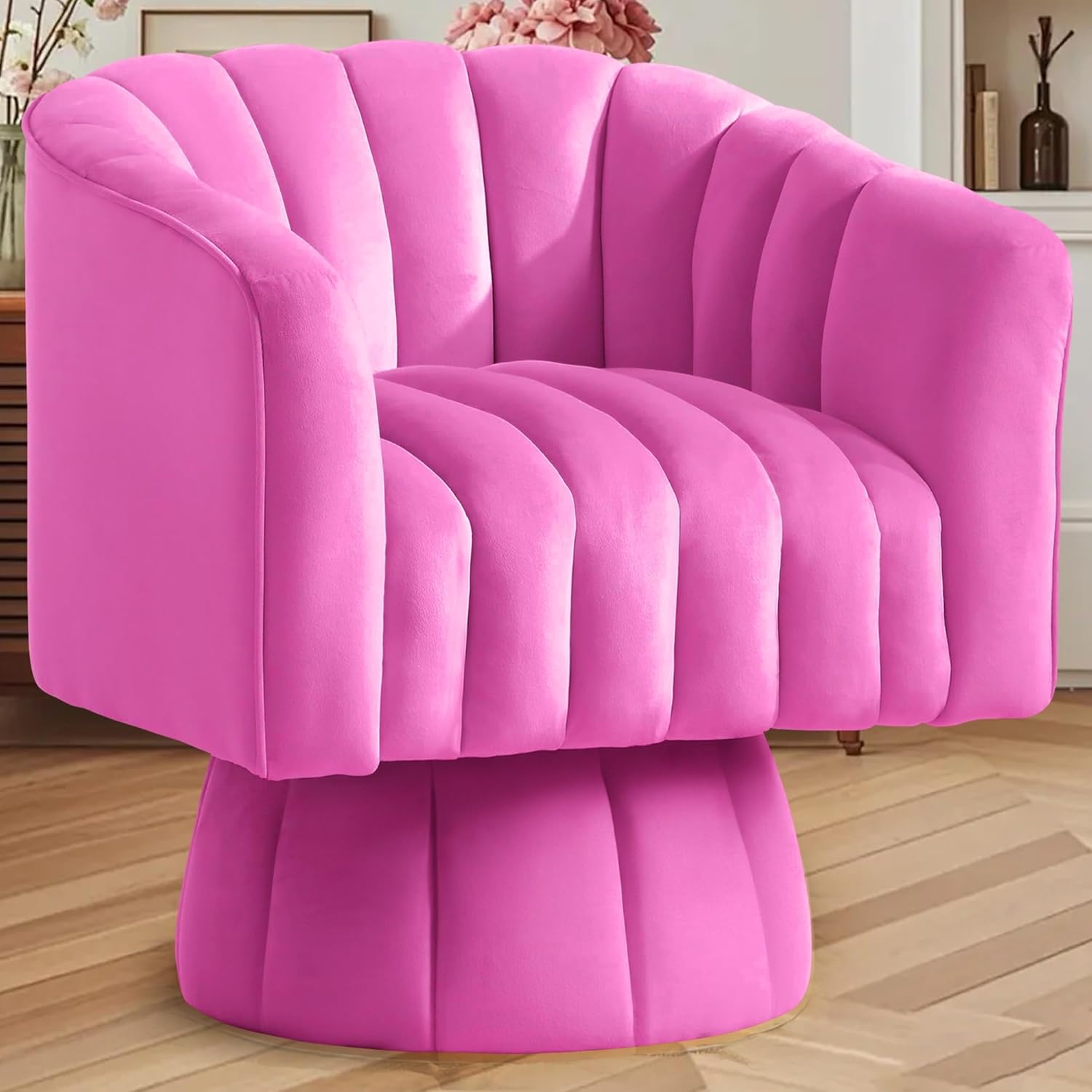 YSICK Swivel Accent Chair, 360°Swivel Barrel Chair, Modern Ottoman with Velvet Fabric, Mid-Century Ottoman with Wide Upholstered, Round Armchair for Living Room, Lounge, Bedroom,Beige