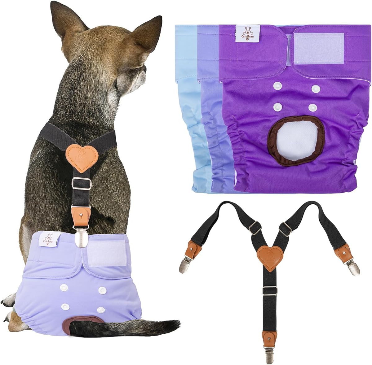 CuteBone Dog Diapers Female 3 Pack Reusable Doggy Diapers with One Suspender for Small Medium Large Dog Period BDD01M