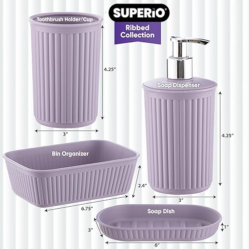 Miniatura 2 de Superio Colección acanalada, juego de accesorios decorativos de baño de plástico, morado lila (juego de 4) jabonera, dispensador de líquido, taza