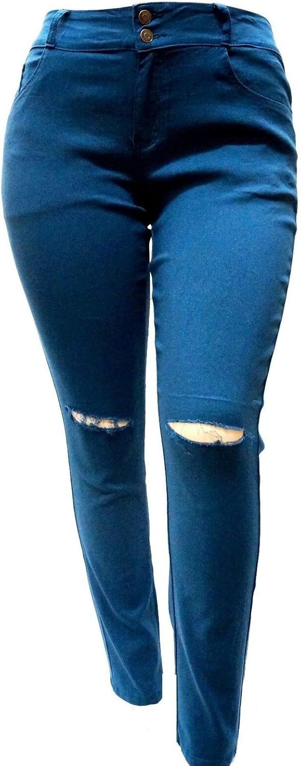 WX Womens Plus Size Distressed Knee Hole Ripped Stretch Jeans Skinny Twill Pants (20-Plus, Marine Blue)