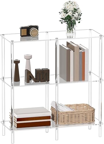 CRTERICX Mesa consola acrílica, mesa de entrada pequeña de 29.5 pulgadas con estantes abiertos, mesa de entrada transparente para sofá, vestíbulo,