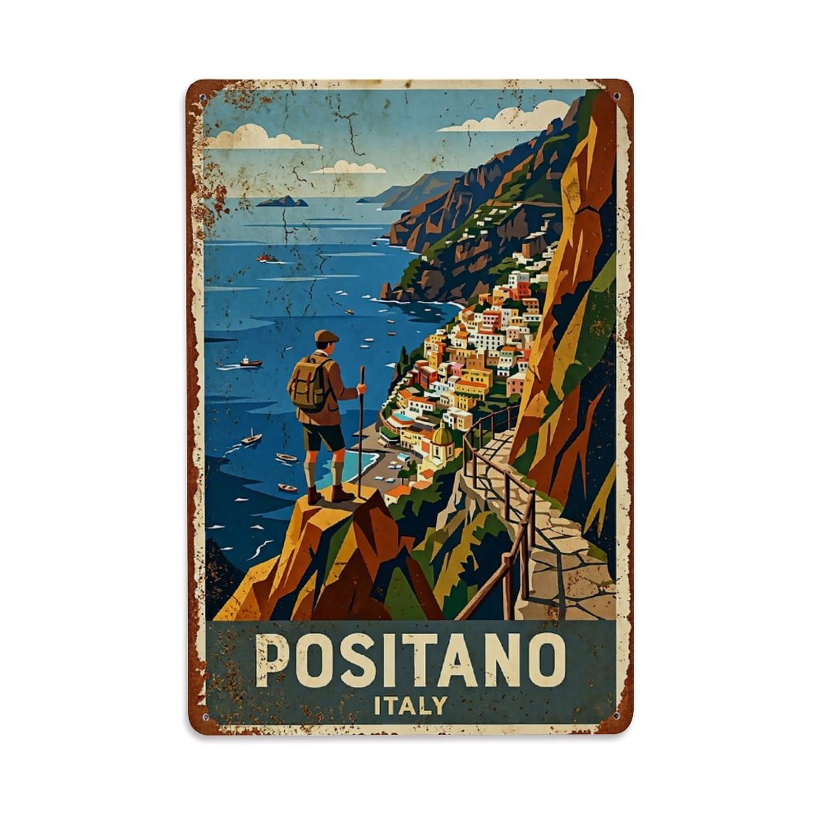Huiyhb 8X12inch(20X30cm) Vintage Travel Positano Italy Hiking Trail Cliffs Metal Tin Sign
