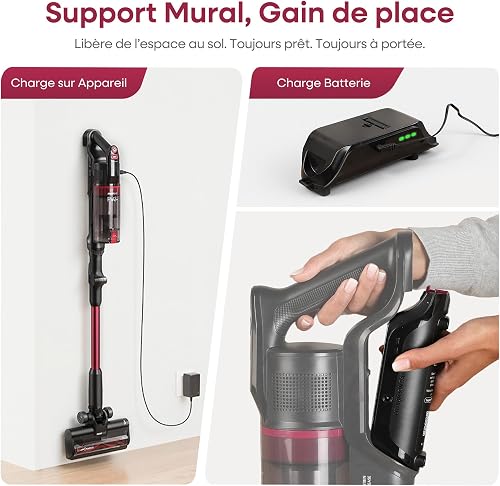FAMIVAC FV3 Lilas Aspirateur Balai sans Fil 60KPa/50Min/120㎡, Tube Pliable, Autoportant à Brosse Anti-Enchevêtrement, Lumière Verte, Aspirateur à Main Puissant pour Sol - 11